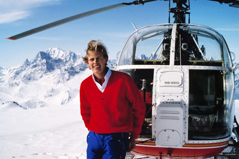 François-Xavier Bagnoud photographed in the Swiss Alps with the historical Aérospatiale SA 315B Lama HB-XDG (family Bagnoud)