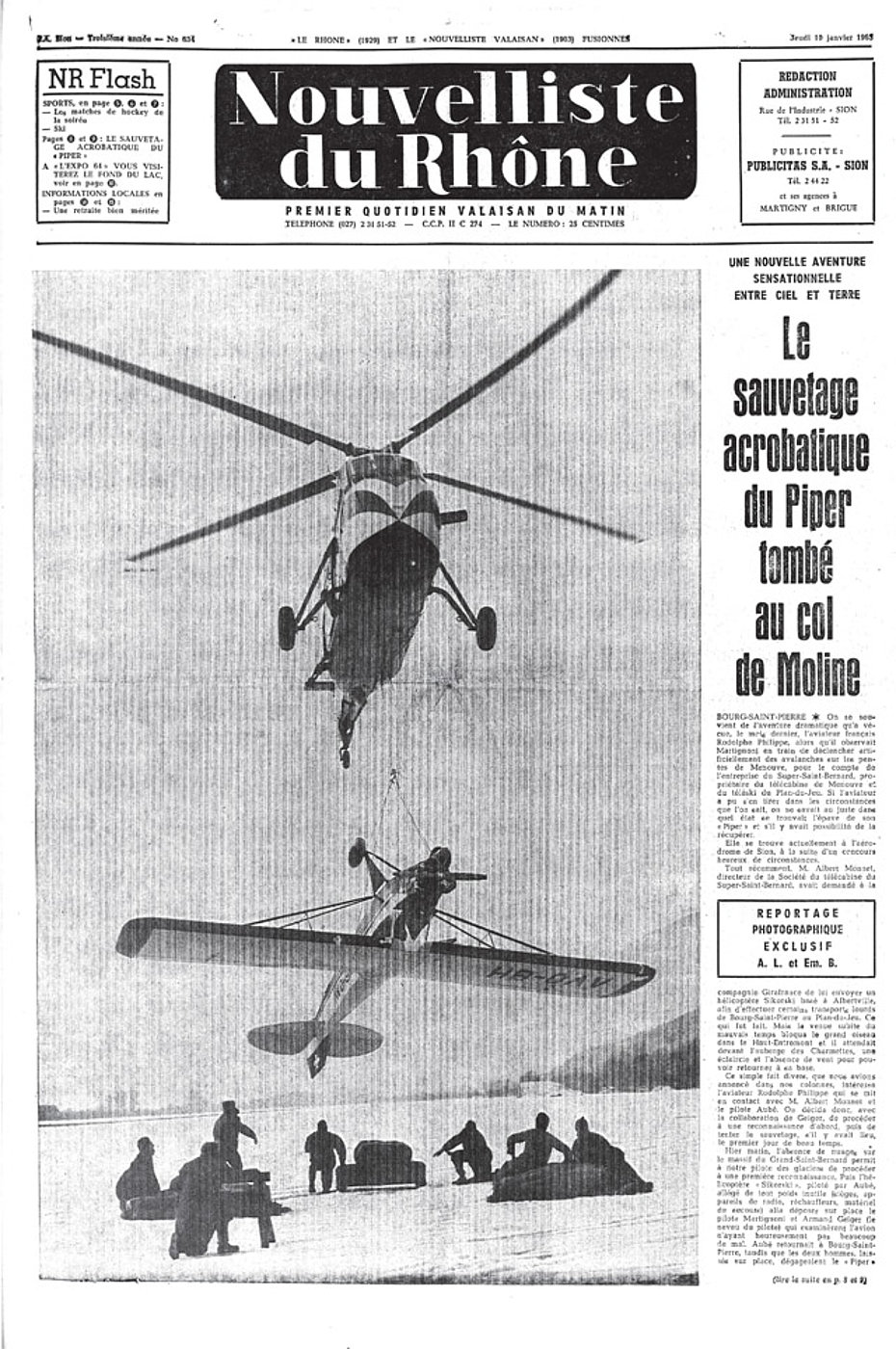 La copertina del quotidiano vallesano "Nouvelliste du Rhône" del 15 gennaio 1963 mostra l'S-58C F-OBON mentre si appresta a depositare all'aeroporto di Sion il Piper recuperato al Col de Moline