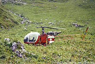 Swiss Alps, 1970s - The SA 318C Alouette 2 HB-XCN in service with the Federal office of civil aviation (HAB)