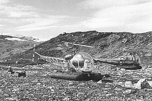 Greenland, summer 1971 - The Bell 47G2 HB-XAW photographed along with the Agusta-Bell 47J Ranger OY-HAV (HAB)