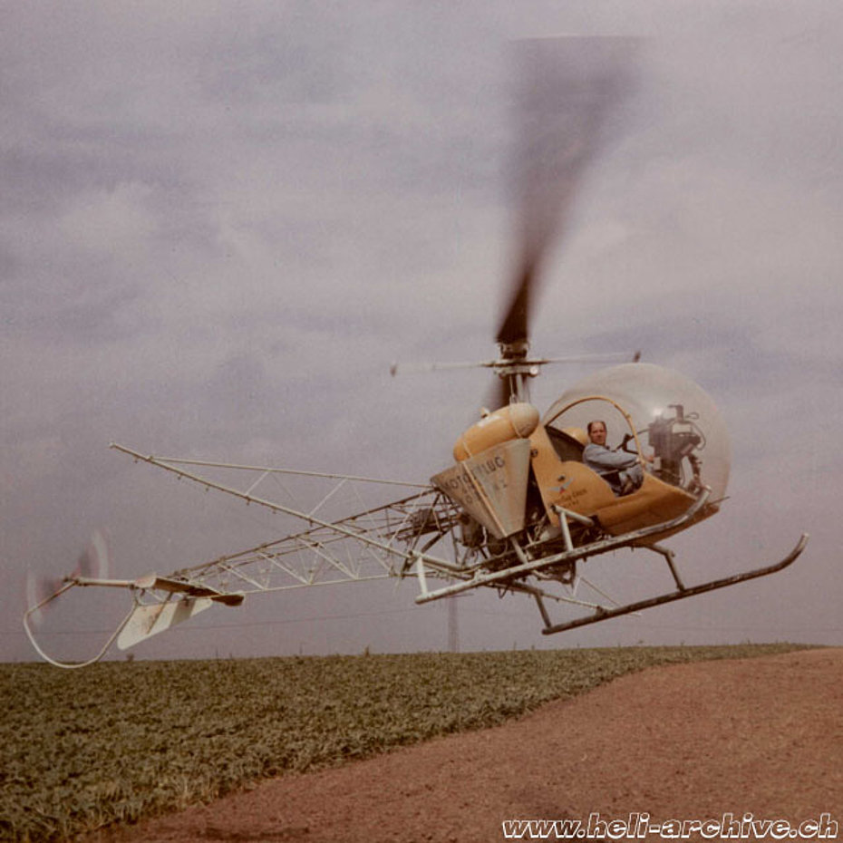 Sepp Bauer at the controls of a Bell 47G2 fitted with a spray equipment. The helicopter was operated by Motorflug Gmbh based in Koblenz (HAB)
