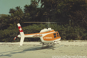 Mauritania 1972 - The Bell 206A/B Jet Ranger II HB-XDH fitted with auxiliary fuel tanks and emergency floats (archive P. Füllemann)