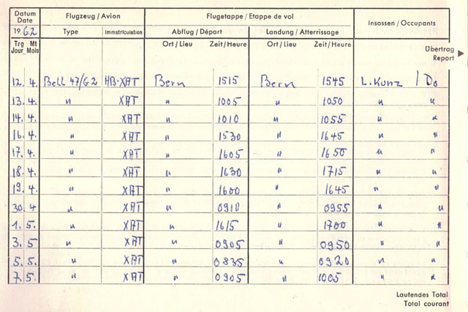 The log-book with the first helicopter flights recorded by Werner Donau (family Donau)