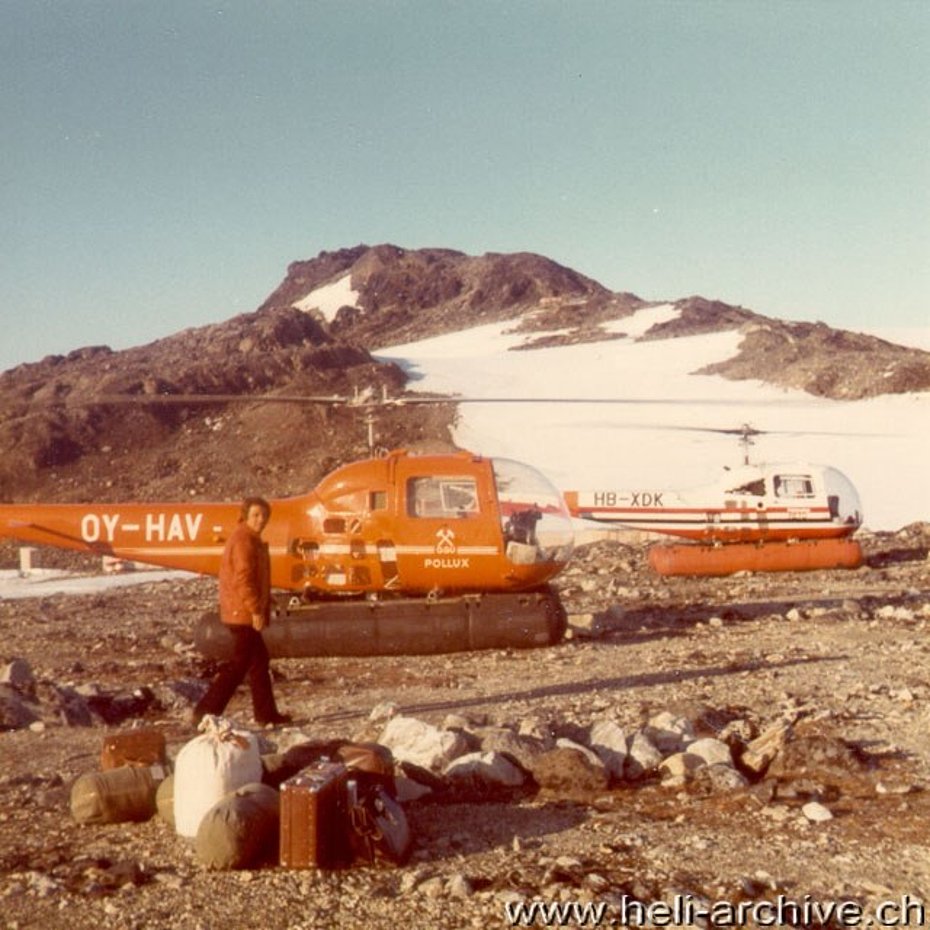 Greenland 1972 - Ernest Devaud with the two 47 Rangers used to transport a group of geologits and their equipment 