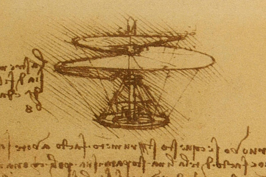 Leonardo Da Vinci scrisse a proposito del suo progetto "Trovo, se questo strumento a vite sarà ben fatto, cioè fatto di tela lina, stopata i suoi pori con amido, e svoltata con prestezza, che detta vite si fa femina nell’aria e monterà in alto".