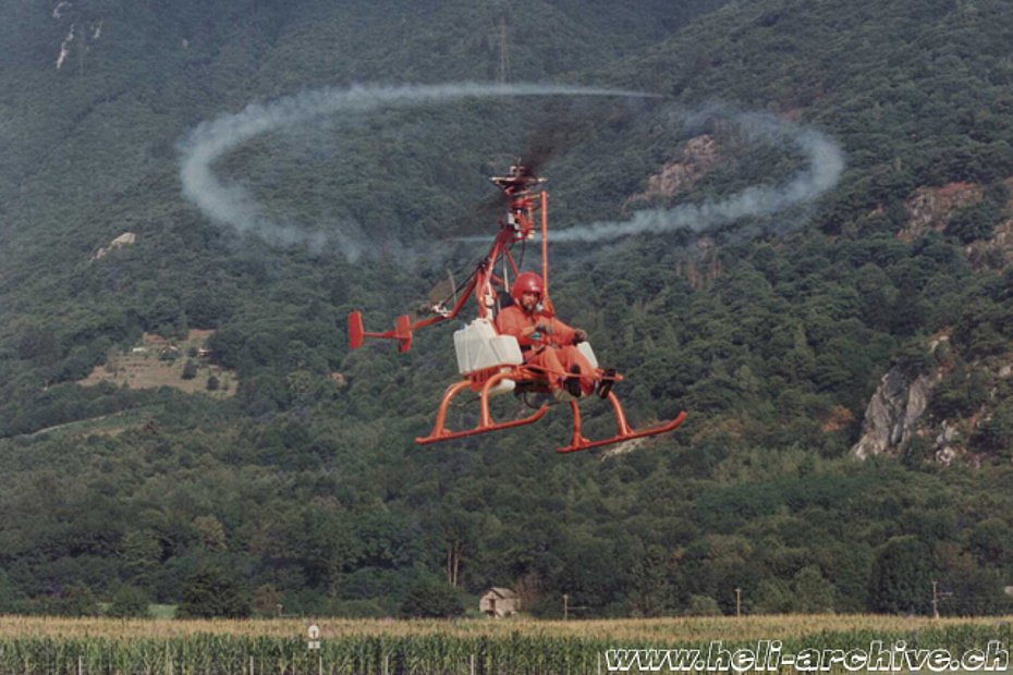 Heinz von Wyl phographed while testing the experimental helicopter Atlas Liteco - CH-1 ATI - Intora Firebird - (family von Wyl)