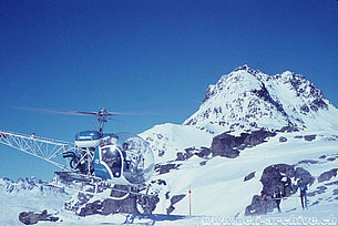 Grison Alps, early 1970s - Heliski with the Bell 47G3B-1 HB-XBT in service with Heliswiss (HAB)