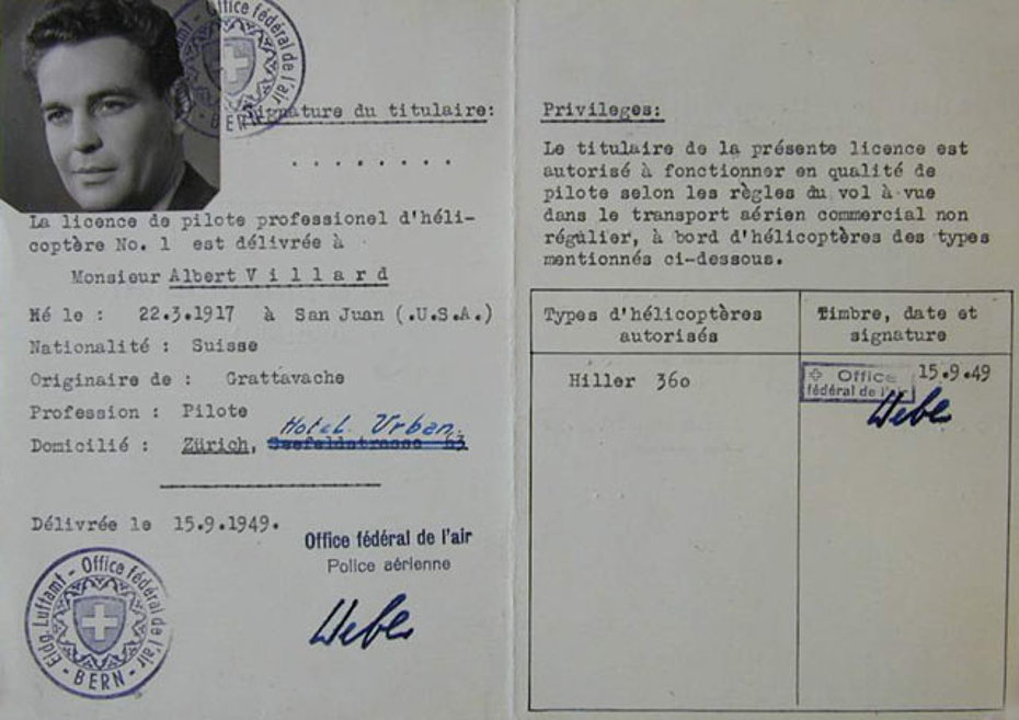 In the picture the first helicopter pilot licence issued to Albert Villard (SFA)