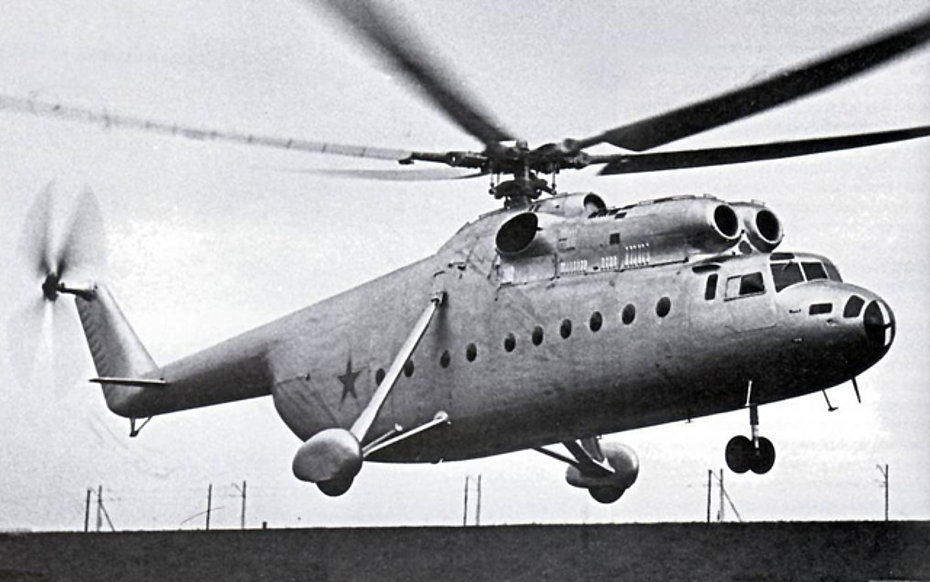 1957 - The first prototype of the Mil Mi-6 in flight. To note the original mainwheel spats (archive Mil)