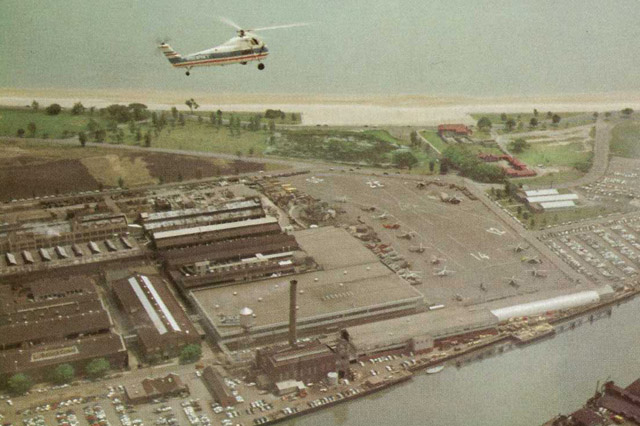 A Sikorsky S-58 flies over the Sikorsky factory in Bridgeport (Sikorsky)