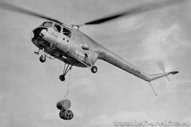The Bristol 171 G-AMWI with a suspended load (HAB - brochure Bristol)
