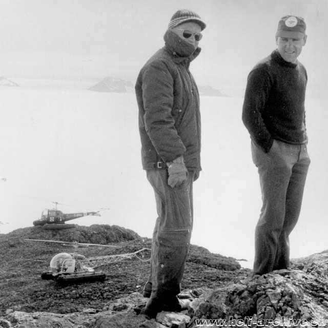 Greenland, summer 1966 - Fernand Cardinaux (right) with a work colleague. In the background the two helicopters employed by the GGU: the Bell 47G2 HB-XAX and the Agusta-Bel 47J Ranger T-896 later registered OY-HAV (family Cardinaux)