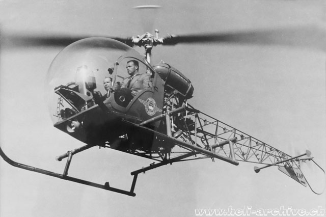 March 1957 - Hermann Geiger photographed along with instructor Sepp Bauer at the controls of the Agusta-Bell 47G2 HB-XAP belonging to Pilatus Air Service (HAB)