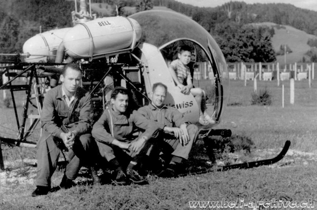 Late 1950s - Jean Seydoux (first from right) along with his work colleagues Eduard Krebs (left) and Ernst Bänzinger employed by Heliswiss (HAB)