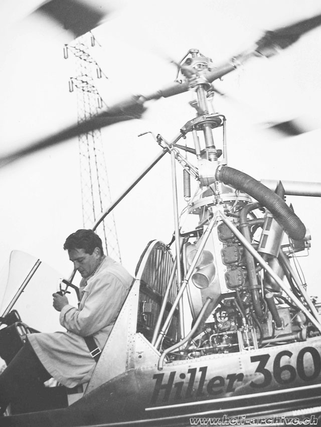 Albert Villard at the controls of the Hiller 360 HB-XAI the first helicopter registered in Switzerland which was purchased by Air Import (HAB)